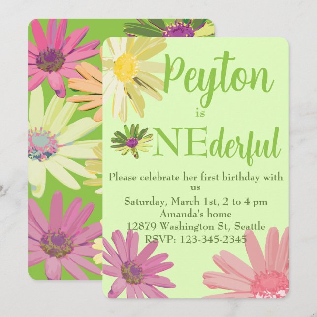 Kort Färgad Daisy Första födelsedag (Fram/baksida)