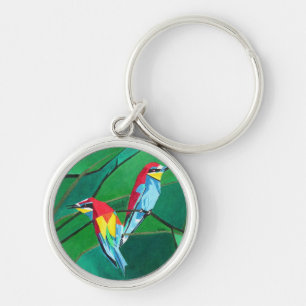 Kort Färgad European Bee Eaters Geometric Art Rund Silverfärgad Nyckelring