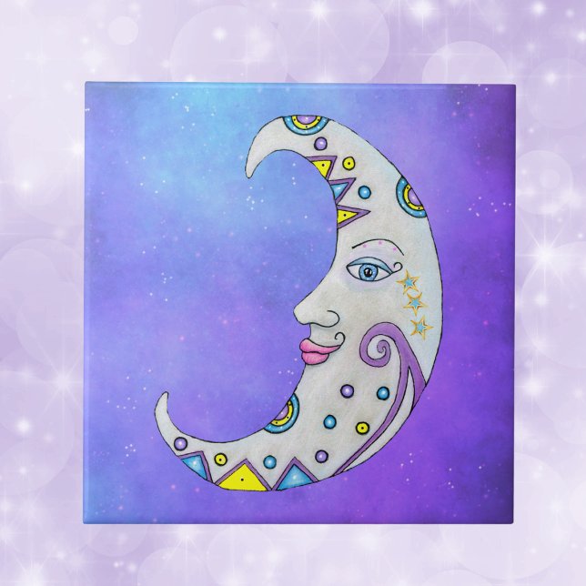 Kort Färgad Måne Söt Ansikte Stars Lila Himlar Kakelplatta (Fantasy decorated white crescent moon with face and colourful accents on purple ceramic tile.)