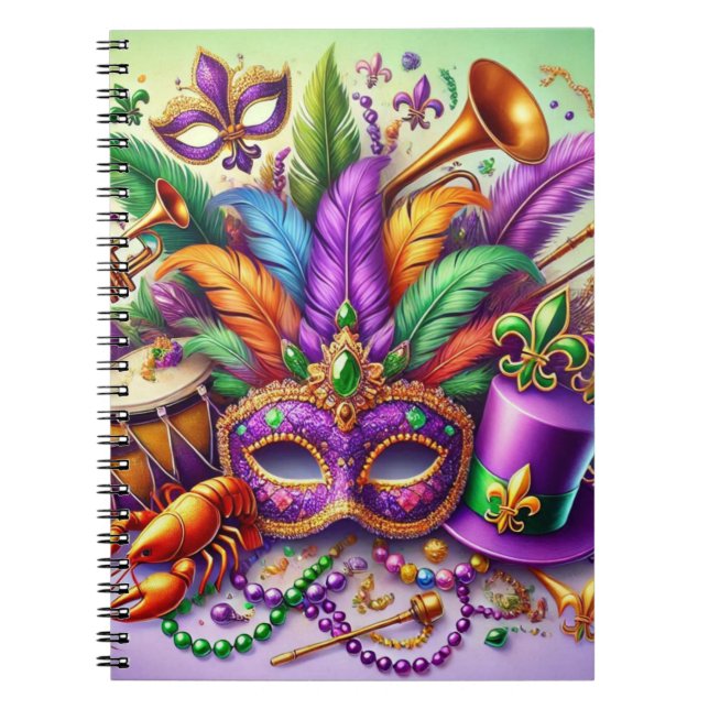 KORT FÄRGAD MARDI GRAS MASK HAT PÄRLOR FEATHER ANTECKNINGSBOK (Framsidan)