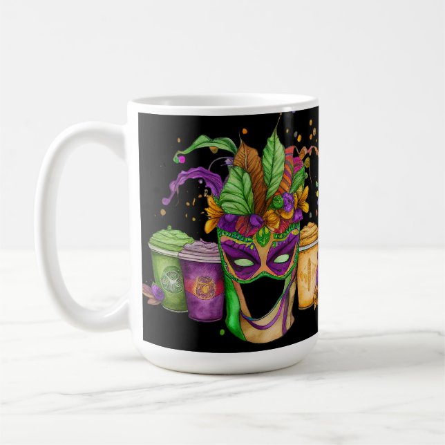 KORT FÄRGAD MARDI GRAS MASKS & BEVERAGAGAGS KAFFEMUGG (Vänster)