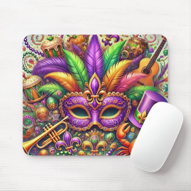 KORT FÄRGAD MARDI GRAS THEMED MASK & FEATHERS MUSMATTA (Med mus)