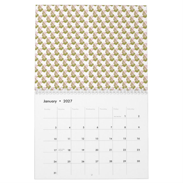 Kort färgad papper med ett festligt slag kalender (Jan 2027)