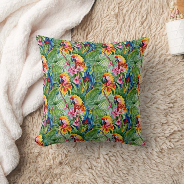 Kort Färgad Parrots och Tropical Flowers Kudde (Filt)