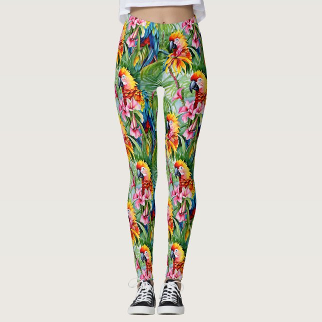 Kort Färgad Parrots och Tropical Flowers Leggings (Framsida)