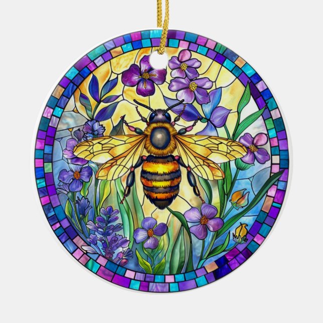 KORT FÄRGAD STAINED GLASS HONEY BEE JULGRANSPRYDNAD KERAMIK (Framsidan)