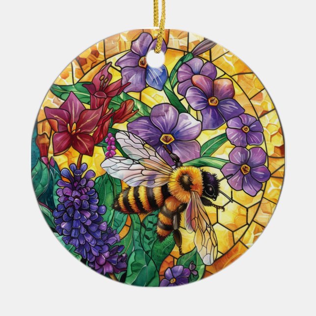 KORT FÄRGAD STAINED GLASS HONEY BEE JULGRANSPRYDNAD KERAMIK (Framsidan)
