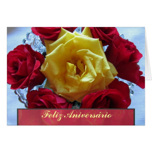 Kort - Feliz Aniversário - Rosas Amarillas y Rojas (Framsidan Horizontal)