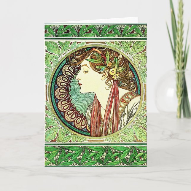 Kort för Alphonse Mucha lagrarhälsning (Framsida)
