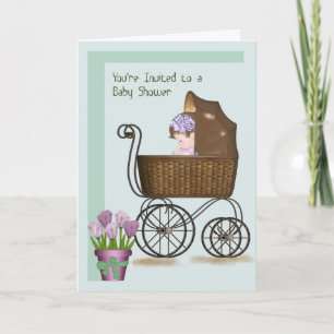Kort för babyvisningsprogram med Baby i Retro Pram