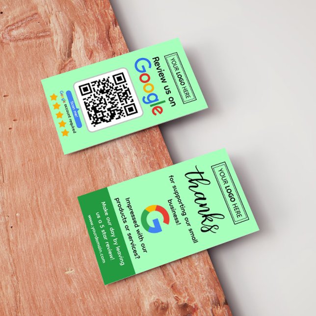 Kort för begäran om granskning av Google med Logot (Google business profile customer review request business cards mockups, get more reviews)
