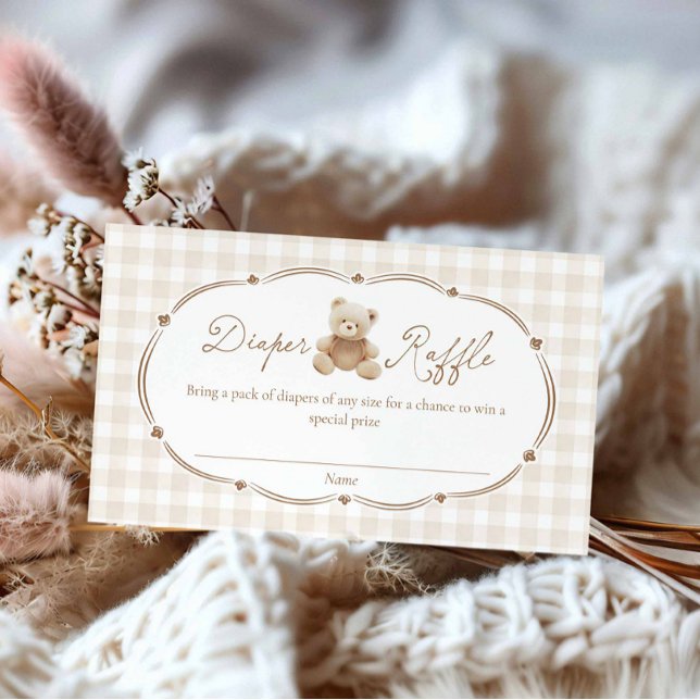 Kort för blöjlotteri med teddybjörn och rutmönster (Brown Teddy Bear Gingham Boy Baby shower Diaper Raffle Ticket)