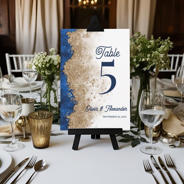 Kort för Bordnummer till Royal Navy Blå Guld Bröll (Royal Blue Gold Wedding Table Number Card | Elegant Navy Blue Gold Table Number Reception Decor)