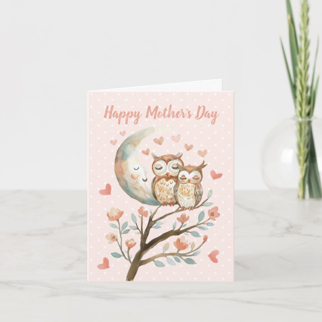 Kort för Cute Uggla Mamma och Baby Kärlek Mors dag (Framsida)
