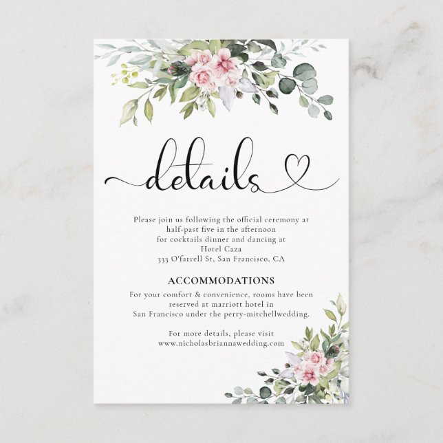 Kort för djurutrymme i Greenery Rosa ros Bröllop (Framsida)