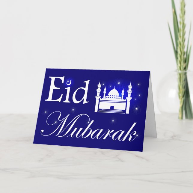 Kort för Eid al-Fitrhälsning i blått, Eid Mubarak (Framsida)