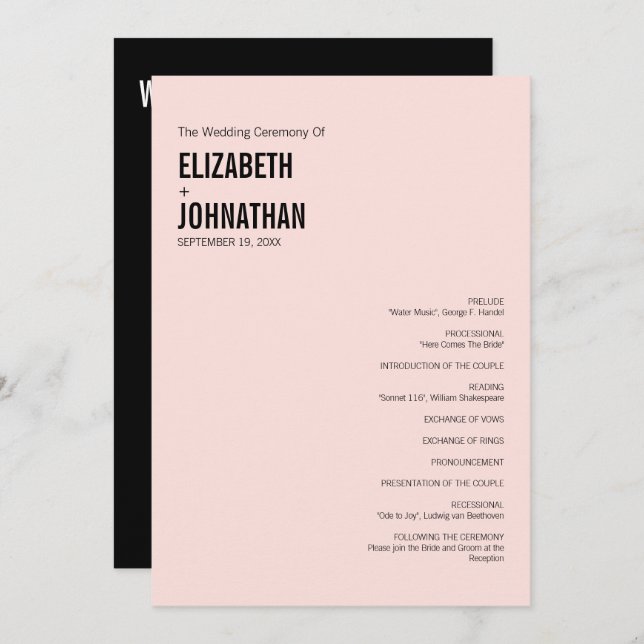 Kort för enkelt och minimalt Bröllopsprogram för t (Fram/baksida)