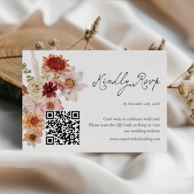 Kort för Fall Wildblommes Bröllop OSA QR (Autumn Floral Wedding RSVP Card)