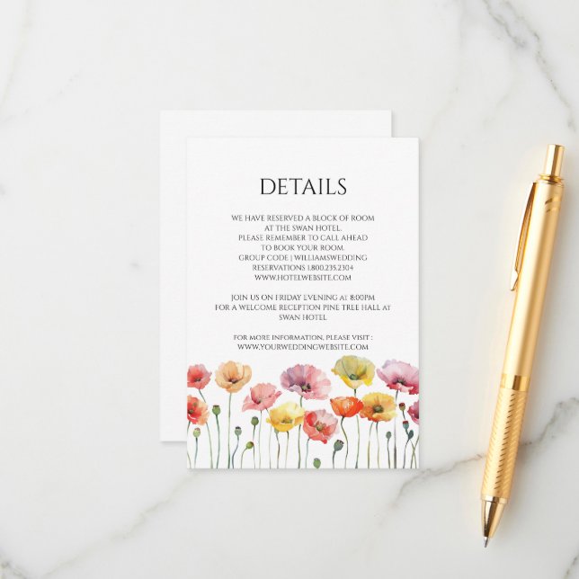 Kort för färgat vallmopapper vild blommor i bröllo (Fram/Back In Situ)