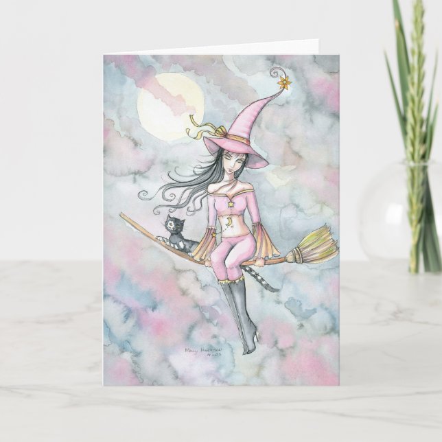 Kort för för rosagryningHalloween häxa och katt (Framsida)