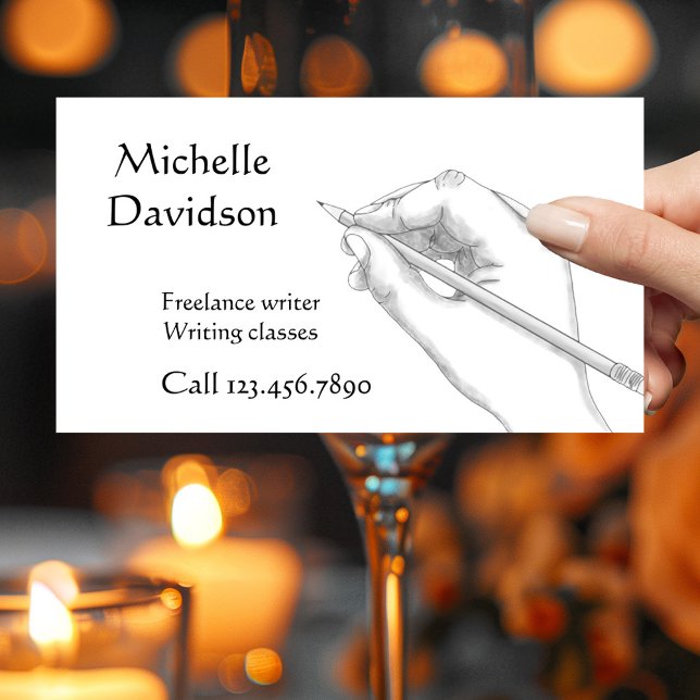 Kort för författare, illustratör eller kalligraf (Minimalist style business card showing a drawing of a writing or drawing hand -writer - illustrator)