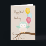 Kort för första födelsedag med Uggla och ballonger<br><div class="desc">En söt liten Uggla är redot att önska ditt barn en första födelsedag. Utformningen har en grönt,  kräm och beige Uggla,  färgstarka ballonger,  gren för Uggla att stå på och en ljusartad bakgrund. Tack vare Design Cuts och jgryjpeg för en del av inslag i designen.</div>