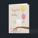 Kort för första födelsedag med Uggla och ballonger<br><div class="desc">En söt liten Uggla är redot att önska ditt barn en första födelsedag. Utformningen har en grönt,  kräm och beige Uggla,  färgstarka ballonger,  gren för Uggla att stå på och en ljusartad bakgrund. Tack vare Design Cuts och jgryjpeg för en del av inslag i designen.</div>