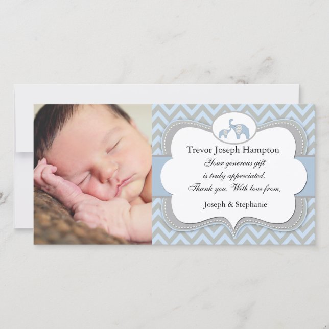 Kort för foto för tack för blåttelefantbaby (Framsida)