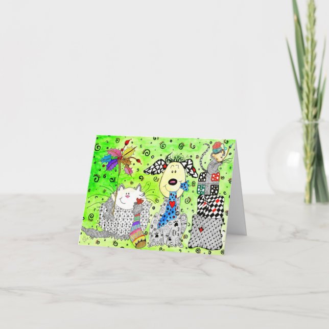 Kort för hälsning av Hund, katt och mus vid jul (Framsida)