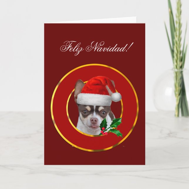 Kort för hälsning för Feliz Navidad chihuahuavalp (Framsida)