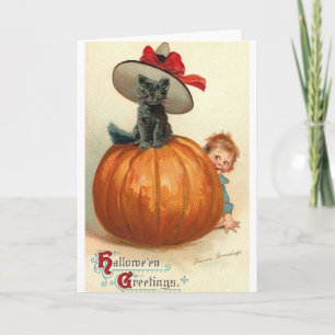 Kort för hälsning för vintageHalloween svart katt