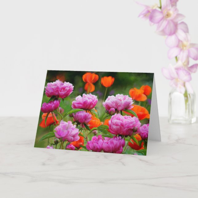Kort för hälsning - Rosa Peonies & Orange Poppie (Orkide)