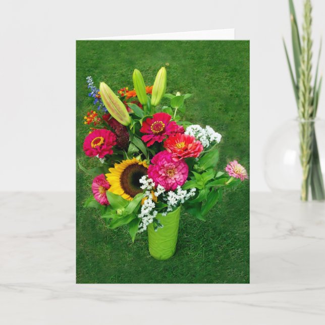Kort för hälsning: Solros & Zinnias Bouquet_ (Framsida)