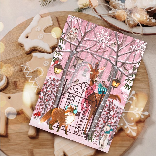 Kort för hälsningar för helgdag | för (Cute Winter Woodland Pink Christmas Holiday Card)