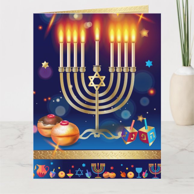 Kort för Hanukkah härligt guld- menorahälsning (Framsida)