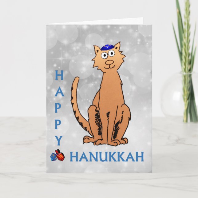 Kort för helgdag för Hanukkah kattDreidel silver (Framsida)