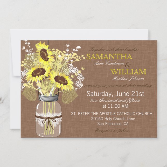 Kort för inbjudan för bröllop för solrosBurlap (Framsida)
