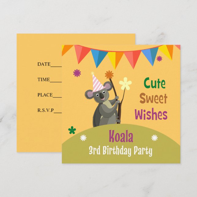 Kort för inbjudan till Cute Koala Barns födelsedag (Fram/baksida)