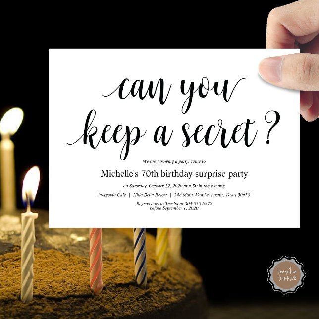 Kort för inbjudan till födelsedagspartiet (Can you keep a secret ?  Surprise Birthday invitation card, pdf, modern script, in black and white)