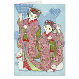 Kort för Kimono för Maneki Neko Kawaii Maiko