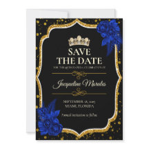 Kort för kunglig blå-guld Quinceañera Save the Dat