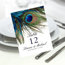 Kort för marinturkos Peacock Feather Bröllop Bord