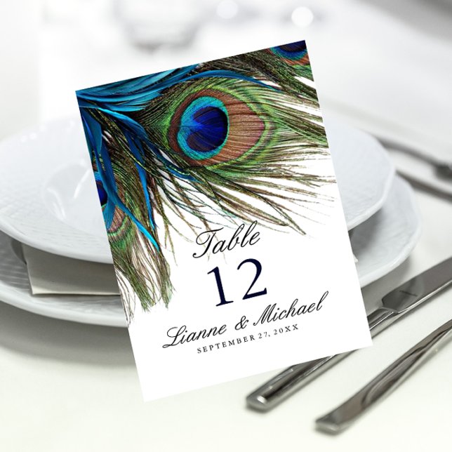 Kort för marinturkos Peacock Feather Bröllop Bord (Skapare uppladdad)