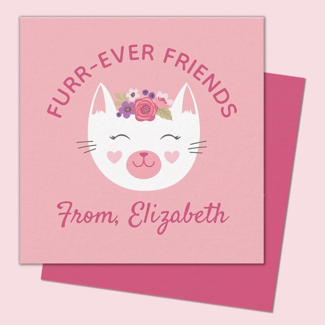 Kort för notering av barn i Kattunge Ansikte Valen (A cute pink kitty face valentines day mini 2.5x2.5 card. Perfect for a kids classroom exchange.)