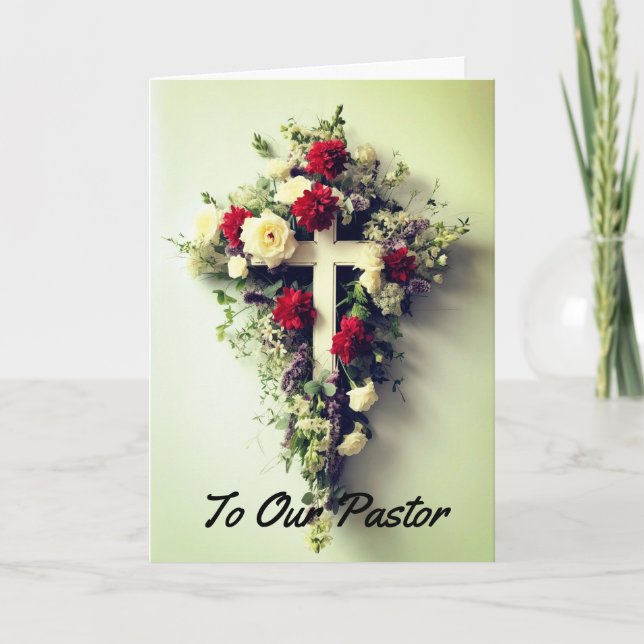 Kort för pastorappration med blommig kors (Framsida)