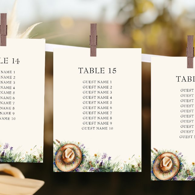 Kort för platsplan för Wildblomma Cowgirl Rustic (Seating Plan Card from my Wildflower Cowgirl Hat Quinceanera Collection
)