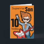 Kort för pojke för 10th födelsedag för<br><div class="desc">För något att säga"världsstjärna för detta kort Son 10 i dag. Insida: "Grattis på födelsedagen". Eller skräddarsy med din egna ord. Det roliga kortet som presenterar en pojke med rött hår och flår illustrationen och planlägger lätt,  vid Sarah Trett. www.sarahtrett.com för www.mylittleeden.com</div>