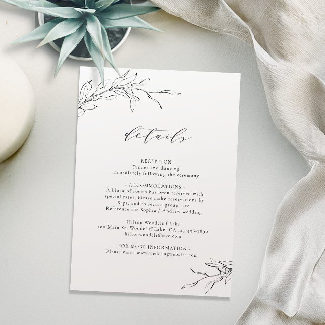 Kort för ren elegans, botaniskt bröllop-kort (Simple elegance botanical wedding details card)