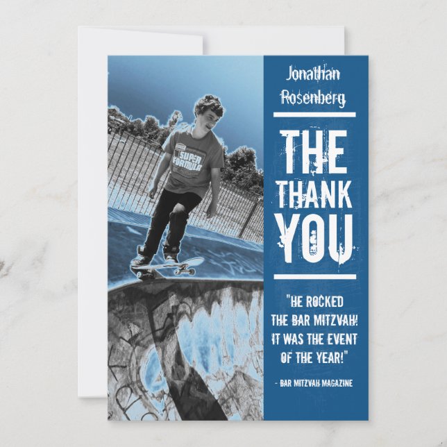 Kort för rockbandpubMitzvah tack i blått (Framsida)