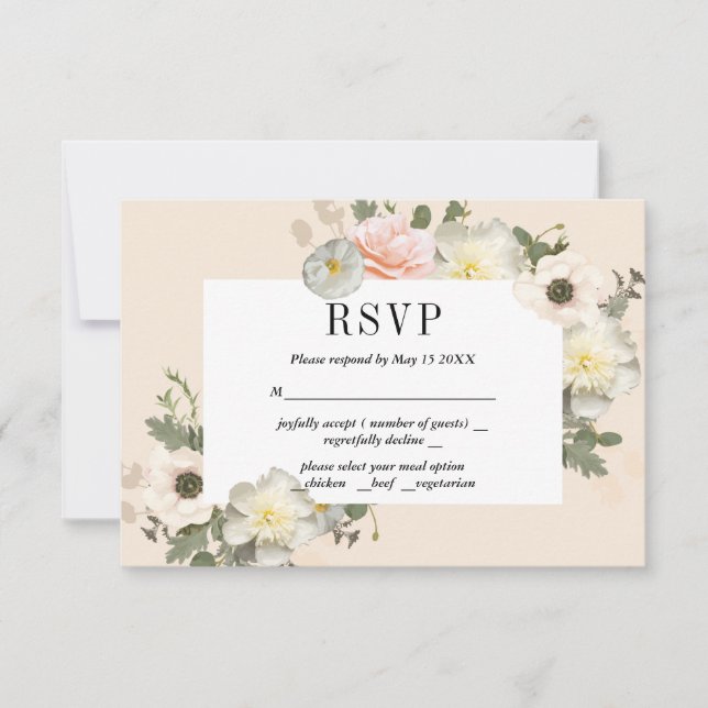 Kort för romantiskt RSVP med peonior och anemone (Framsida)